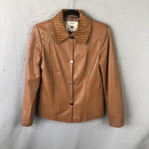 Misuri Jacket Womens S Brown Leather Woven Collar Snap Lined Made In Italy